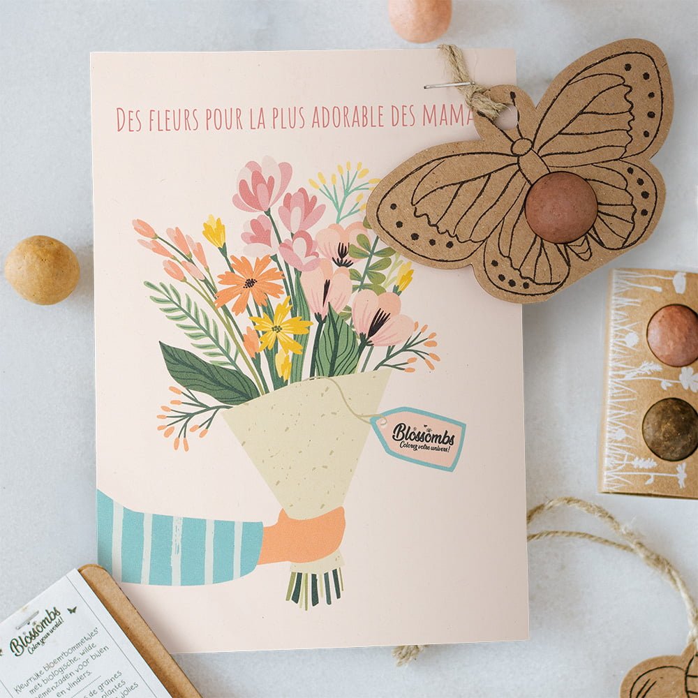 Pendentif Papillon sur carte - Maman - Bouquet