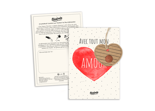 Carte de Saint-Valentin "amour" avec une bombe à graines dans le coeur